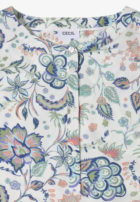 Weiße Bluse mit buntem Blumenmuster und Rundhalsausschnitt