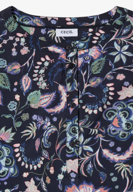 Dunkle Bluse mit buntem Blumenprint und Rundhalsausschnitt.