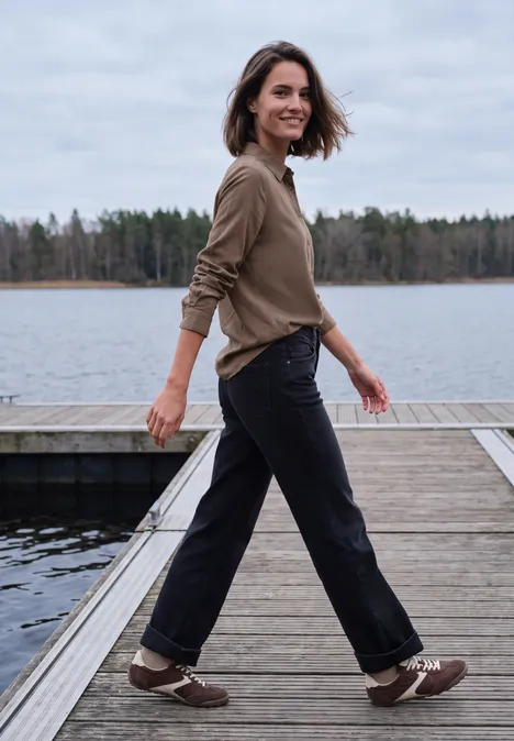 Langarm Hemdbluse mit Knopfleiste urban taupe Frau spaziert lächelnd auf einem Steg am See, trägt khakifarbenen Pullover, dunkle Hose und braune Sneaker.