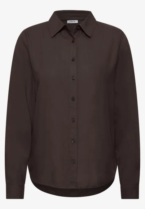 Schlichte, dunkle Bluse mit Knopfleiste, Hemdkragen und langen Ärmeln.