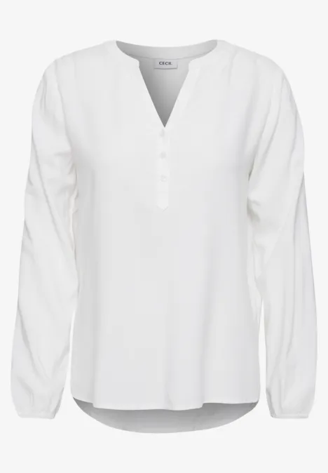 Langarm Tunika mit Split Neck White Weiße Bluse mit langen Ärmeln, V-Ausschnitt und Knopfleiste