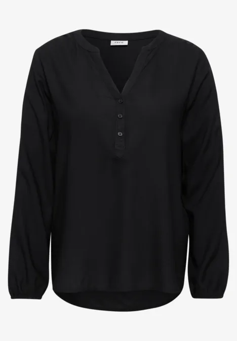 Zwarte long­sleeve met V-hals en knoopsluiting, losse pasvorm