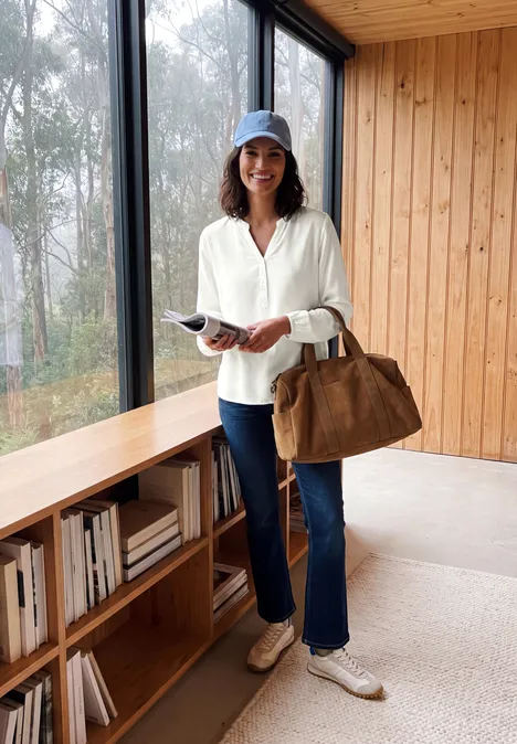 Frau mit blauer Mütze, weißem Pullover, Jeans und großer Tasche liest Buch in modernem Holzraum am Fenster.