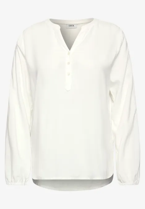 Weiße, lange Bluse mit V-Ausschnitt, kurzer Knopfleiste und langen Ärmeln, schlicht und elegant.