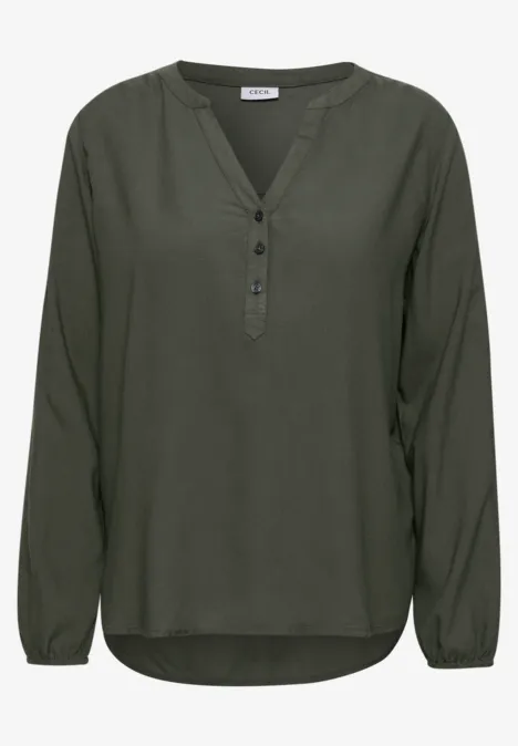 Donkergroene damesblouse met lange mouwen en V-hals met knoopsluiting.