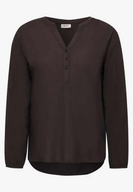 Dunkelbraune, langärmlige Bluse mit V-Ausschnitt, Knopfleiste und abgerundetem Saum.