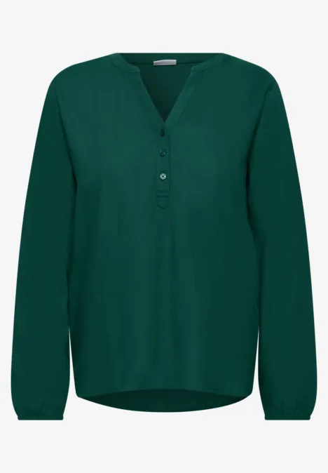 Langarm Tunika mit Split Neck dark fir green Ein dunkelgrünes Damenblusenshirt mit V-Ausschnitt, Knopfleiste und langen Ärmeln.