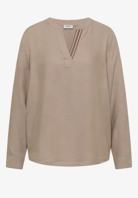 Langarm Tunika mit Split Neck und Tape creamy mocha melange Beige Bluse mit V-Ausschnitt und langen Ärmeln