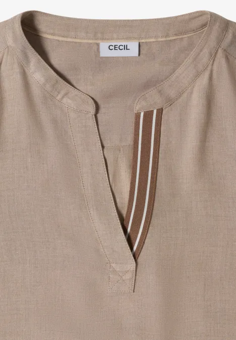 Langarm Tunika mit Split Neck und Tape creamy mocha melange Beiges, lässiges Leinenoberteil mit V-Ausschnitt und gestreiftem Einsatz, Marke CECIL.