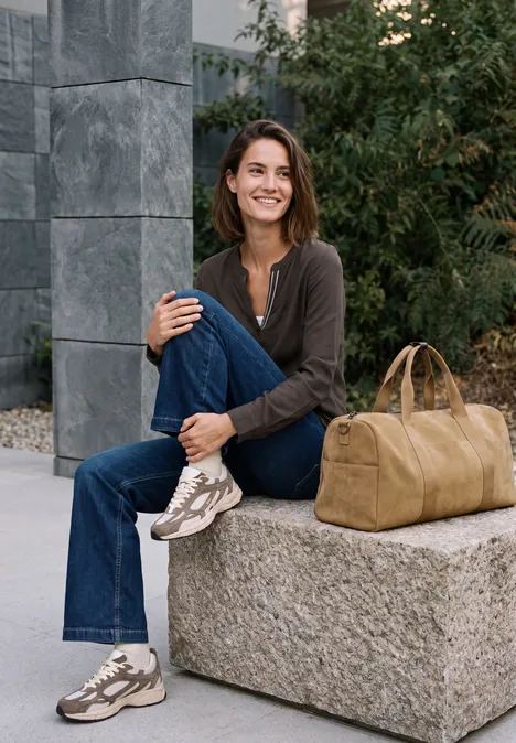 Une femme assise sur un bloc de pierre, souriante, sac à côté, tenue décontractée en plein air.