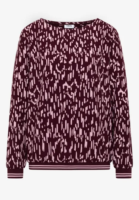 Bordeauxroter Pullover mit rosa abstraktem Strichmuster, langärmelig, Rundhalsausschnitt und gerippten Bündchen.