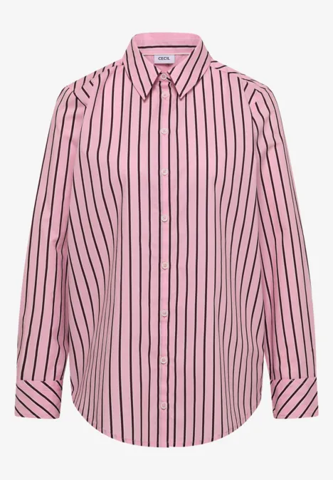 Chemisier long à rayures mellow rose Chemise femme rose à rayures verticales bleu foncé, coupe chemisier avec fermeture boutonnée