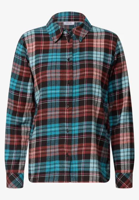 Geruit flanellen overhemd in turquoise, bruin en rood met knoopsluiting en lange mouwen.