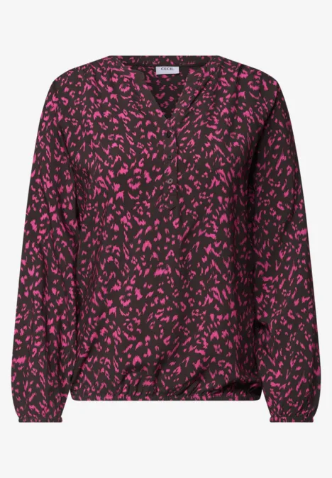 Dunkellila Bluse mit pinken Blattmustern, V-Ausschnitt, langen Ärmeln und elastischem Saum