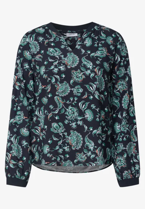 Chemisier à manches longues, à col fendu et imprimé urban dark blue Blouse sombre à motifs floraux turquoise et verts