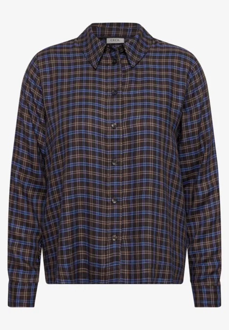 Bruin-blauw geruit overhemd met knoopsluiting en lange mouwen.