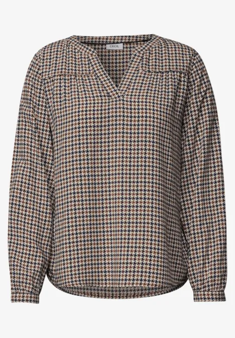 Langarm Tunika mit Split Neck und Print mocha brown Damenbluse V-Ausschnitt, lange Ärmel, elastische Bündchen, kariertes Muster in Beige und Schwarz