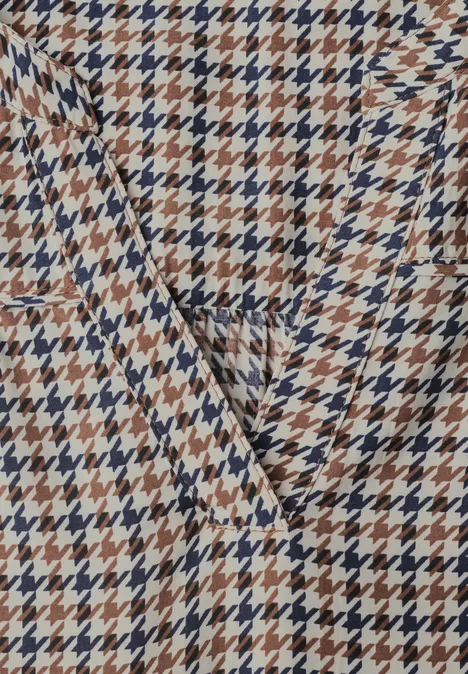 Langarm Tunika mit Split Neck und Print mocha brown Hahnentrittmuster in Braun, Schwarz, Weiß und Blau