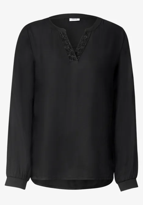 Langarm Tunika mit Split Neck und Detail Black Schwarze Bluse mit V-Ausschnitt und feinem Spitzendetail, lange Ärmel.
