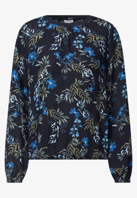 Crepe Bluse mit floralem Muster urban dark blue Schwarze Bluse mit langen Ärmeln und blau-grünem Blumenmuster.
