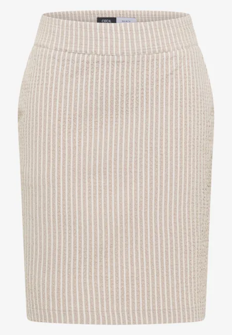Knielanger Jogg Skirt in Seersucker-Qualität grain beige Knielanger Bleistiftrock in Beige mit feinem Streifenmuster.