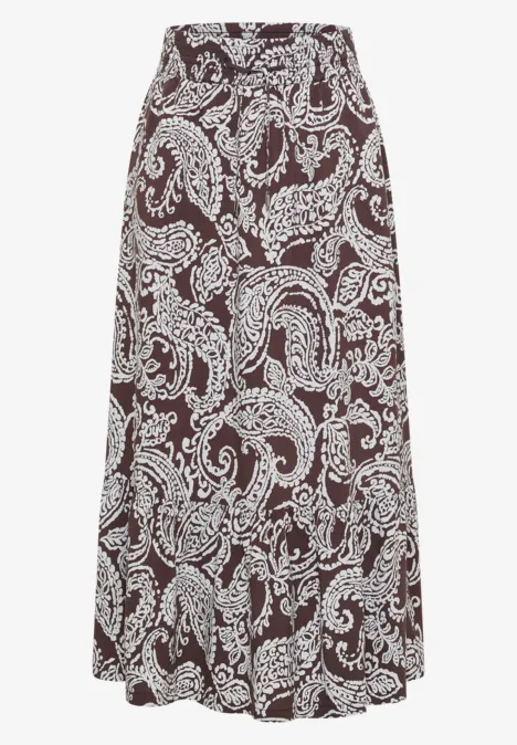 Brauner Midirock mit cremeweißem Paisley-Print, fließend in A-Linie geschnitten, aus leichter Viskose.