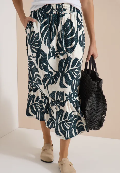 Maxi-Rock mit sommerlichem Blättermuster palm breeze green Femininer Midirock mit dunkelgrünem Blattmuster, asymmetrischem Saum und passender Tasche