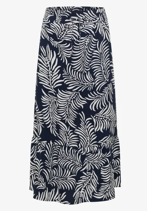 Donkerblauwe midirok met elastische taille en wit bladmotief.