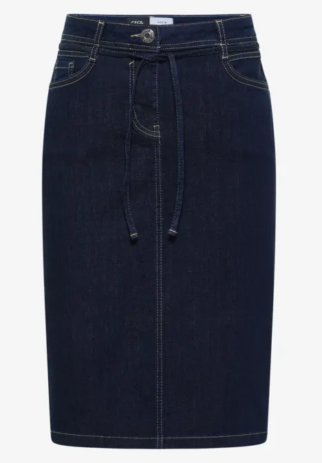 Dunkelblaue, knielange Jeans-Bleistiftrock mit Gürtelschlaufen, Tunnelzug und Eingrifftaschen.