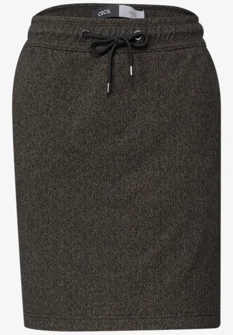 Donkere, knielange rok met gemêleerde look, elastische taille en aantrekkoord, smalle pasvorm.