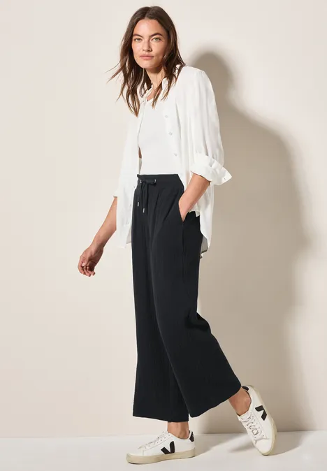 Wide Leg Musselin Hose Black