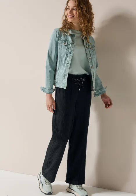 Wide Leg Musselin Hose Black