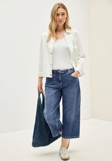 Gestreifte Wide Leg Jeans mid blue used wash