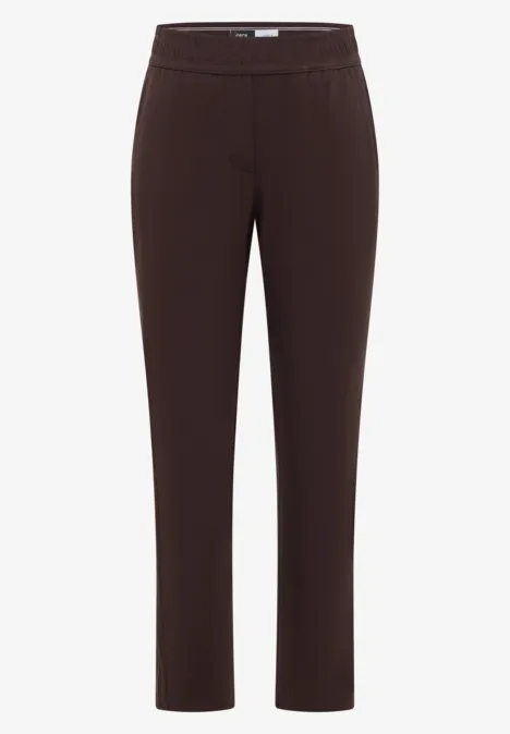 Elegante dunkelbraune Hose mit schmalem Schnitt, geradem Bein und elastischem Bund.