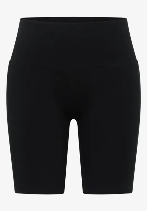 Zwarte, hooggetailleerde, aansluitende fietsbroek van rekbaar materiaal tot op de knieën.