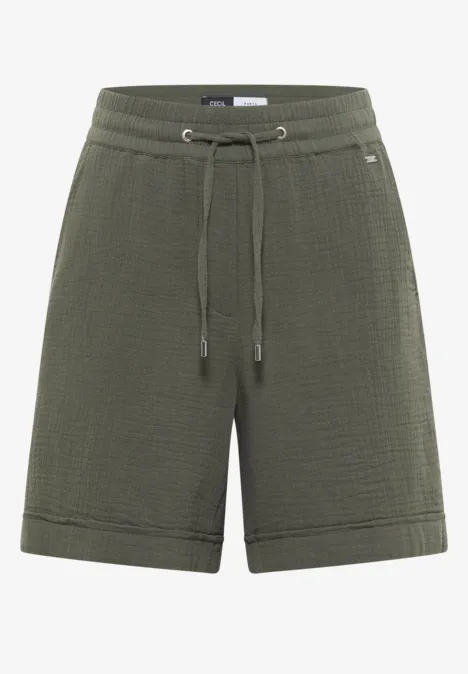 Olivgrüne, bequeme Waffel-Strickshorts mit elastischem Bund und verstellbarem Tunnelzug.