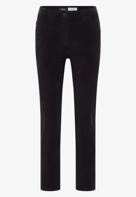 Pantalon en velours côtelé noir, coupe droite, poches latérales