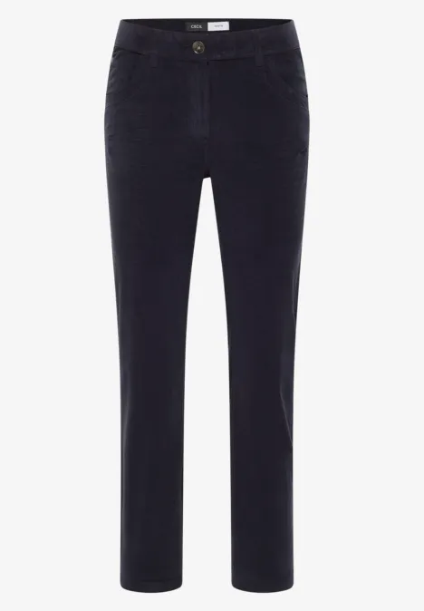 Dunkelblaue Cordhose mit geradem Schnitt, Gürtelschlaufen, seitlichen Taschen und Knopfverschluss.