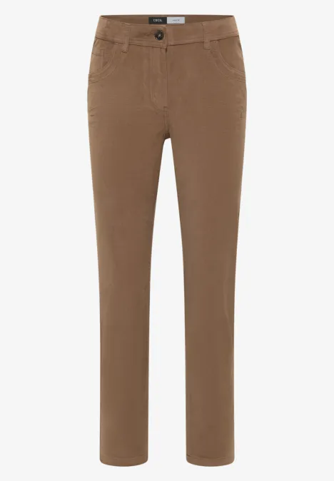 Braune, gerade geschnittene Hose mit Taschen und Knopfverschluss.