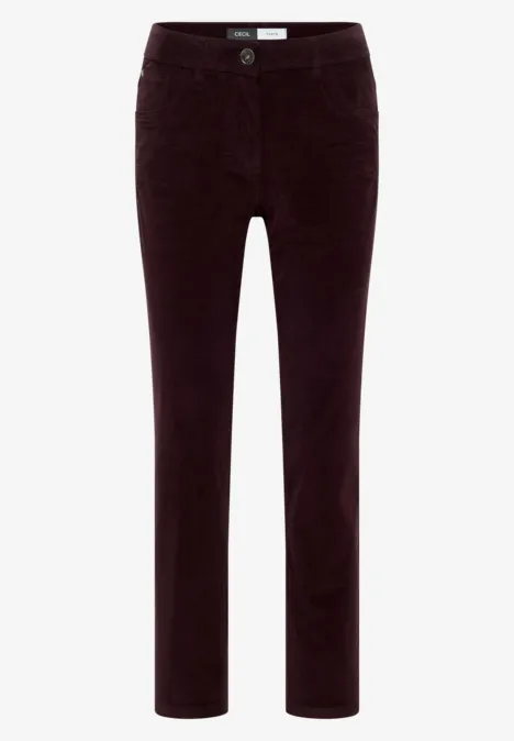 Pantalon en velours côtelé bordeaux, coupe ajustée et jambes droites