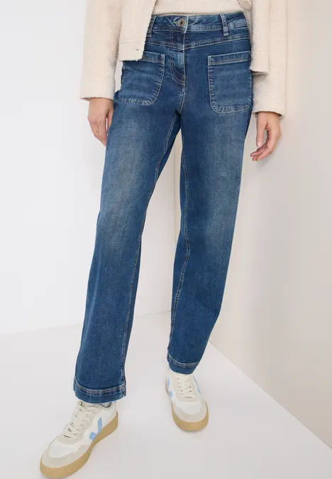 Wide Leg Patch Pocket Jeans mid blue used wash