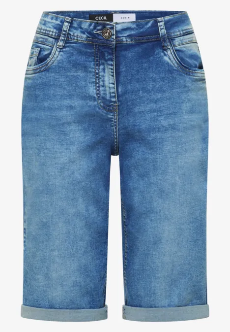 Blauwe denim korte broek met omslag, rechte pasvorm en vijf zakken
