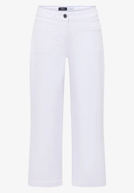 Wide Leg Jeans mit Patch Pockets White Weiße, weit geschnittene Damen-Culotte-Hose aus Jeansstoff mit Taschen und Knopfleiste.