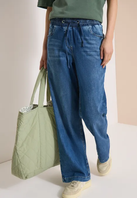 High Waist Wide Leg Jeans im Loose Fit mid blue used wash