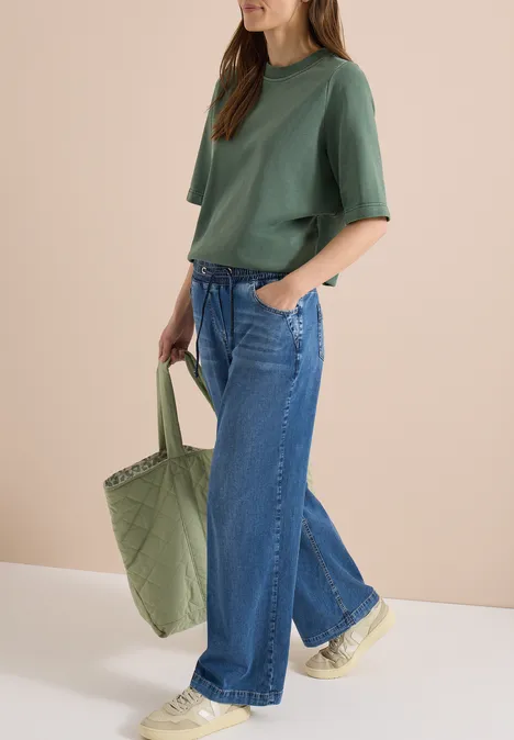 High Waist Wide Leg Jeans im Loose Fit mid blue used wash