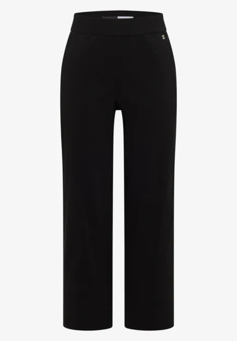 Zwarte damesbroek met hoge taille, rechte pasvorm en wijde pijpen.