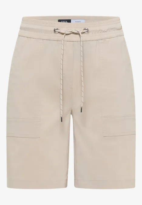 Straight Legs shorts in een Loose Fit grain beige Beige katoenen korte broek met elastische taille, trekkoord en opgestikte zakken, knielang.