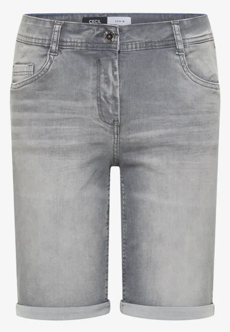 Slim Leg Jeansshorts im Casual Fit mid grey used wash Graue Jeans-Shorts mit Taschen, Gürtelschlaufen und umgeschlagenem Saum.