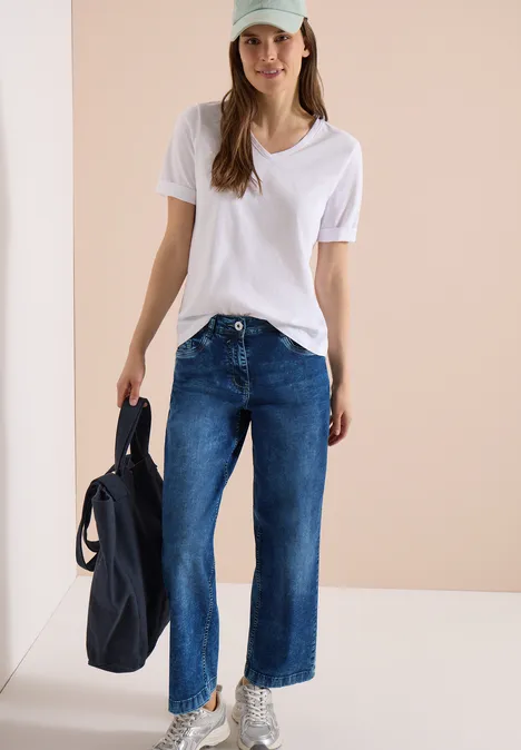 High Waist Wide Leg Jeans im Loose Fit mid blue used wash