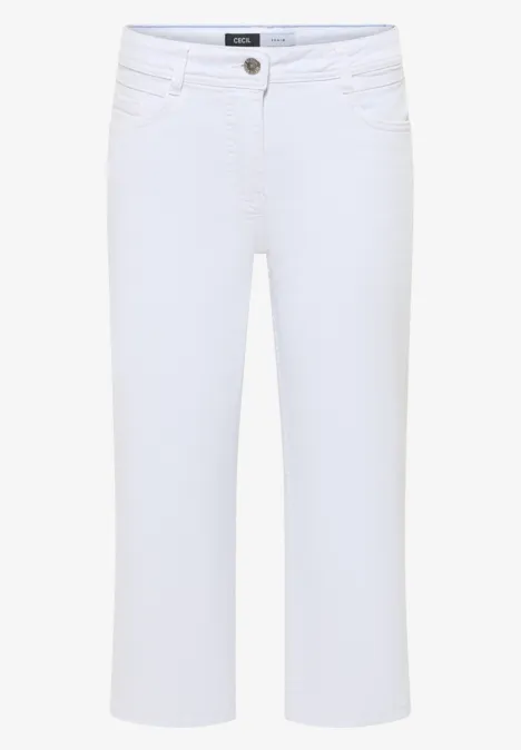 Witte capri-leggings voor dames, vijf zakken, knoop- en ritssluiting, rechte, knielange pasvorm.